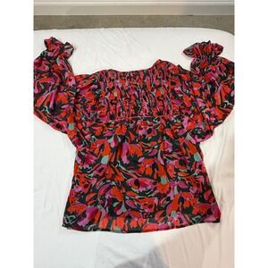 Entro Floral Smocked Blouse Red Pink Green Long Sleeve Ruffle Cuff Top S T21424